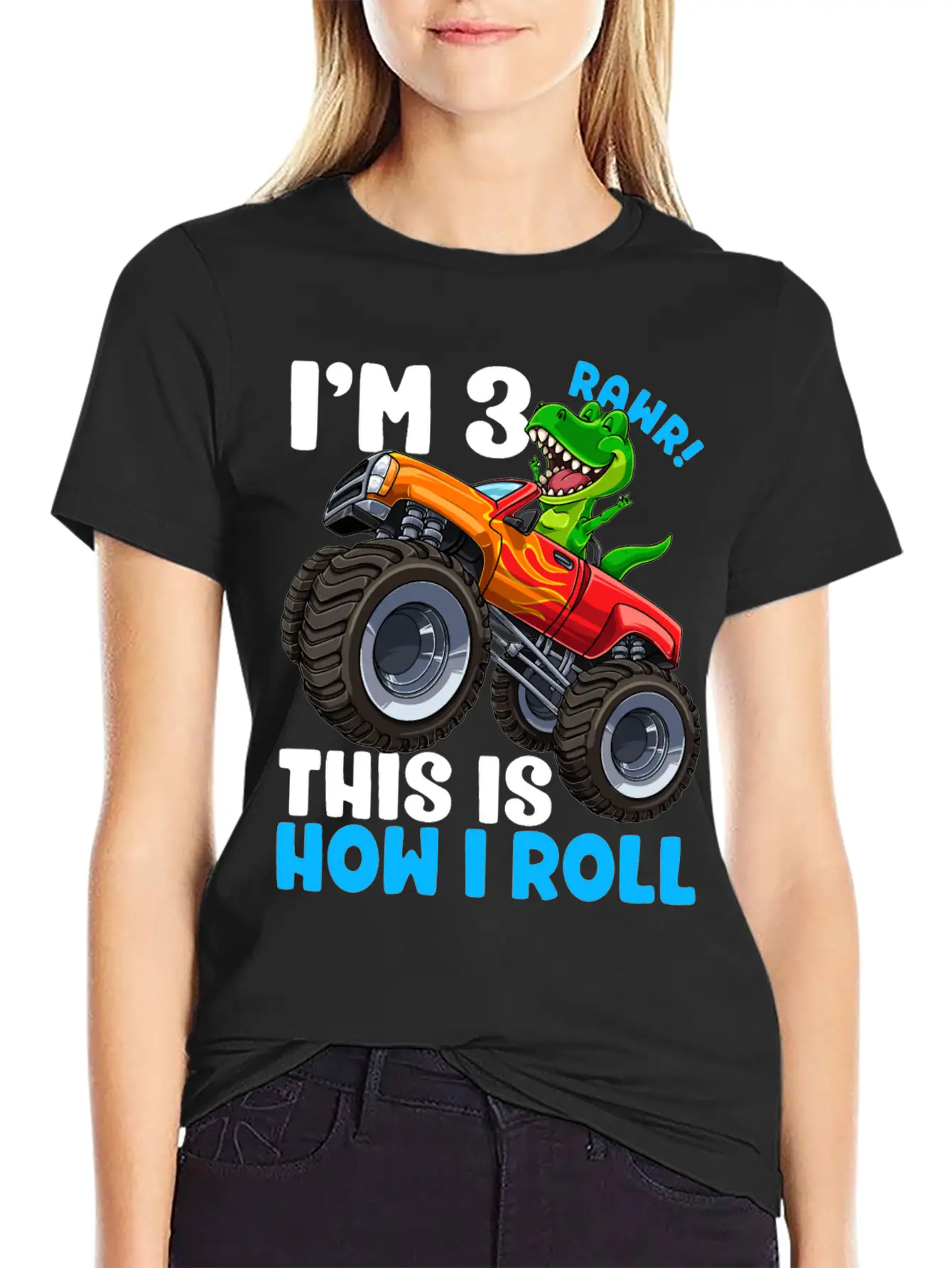 3 Year Old T Rex Dinosaur Monster Truck 3rd Birthd Classic Crew Neck Graphic Tee – Everyday Minimal Look
